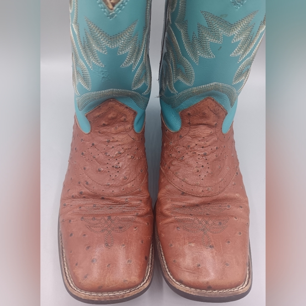 Justin 5527 Ostrich Quill Women's 4 D Boots Exotic Cowboy Western Teal Brown - Picture 3 of 12